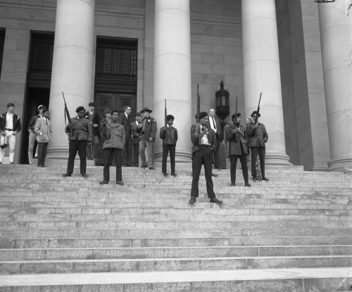 “Black Panthers on steps of Legislative Building, Olympia,” State Governors’ Negative Collection 1949-1975, Photographs, Washington State Archives, Digital Archives.
