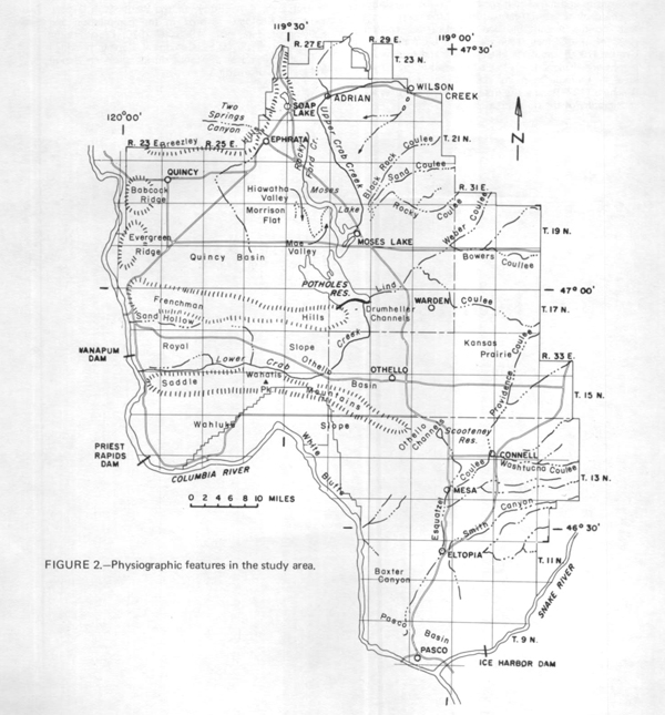 Map of the physical features and geographic provinces within the Columbia Basin Irrigation Project area. Digital-Model Study of Ground-Water Hydrology, Columbia Basin Irrigation Project Area, Washington; 1974 Department of Ecology report.  E-Publications Collection.