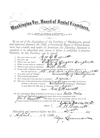 George Barnett, Professional License Records, Department of Licensing, Business and Professions Division, Dental License Applications, 1888, 1909-1936, Washington State Archives, Digital Archives.