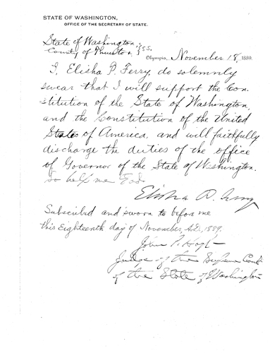 Gov. Elisha P. Ferry’s Oath of Office, Oaths of Office Series, 1854-2009, Washington State Archives, Digital Archives.
