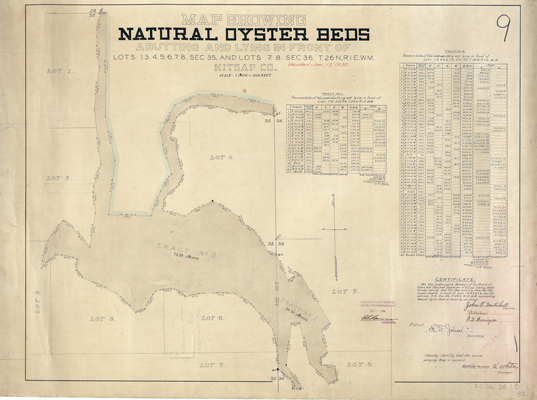 Map showing natural oyster beds, Map Records, General Map Collection, 1851-2005, Washington State Archives, Digital Archives.