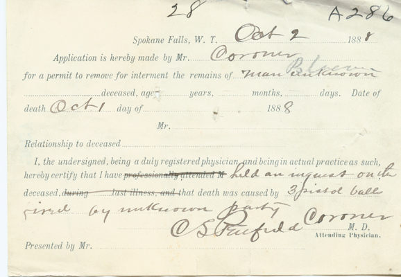 Unknown Death Certificate, Spokane County, 1888, Spokane County Death Return Collection, Washington State Archives, Digital Archives.