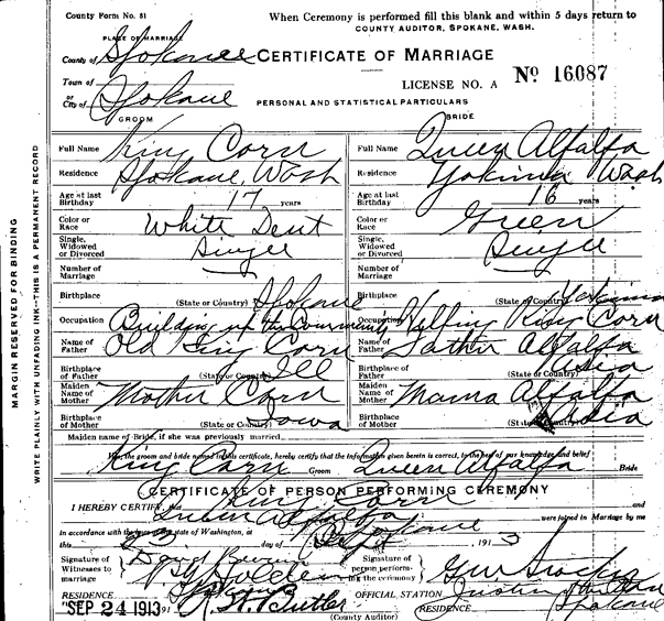 1913 Marriage Record, Spokane Marriage Records, Washington State Archives – Digital Archives.  Original record held at the Washington State Archives – Eastern Regional Branch in Cheney, WA.