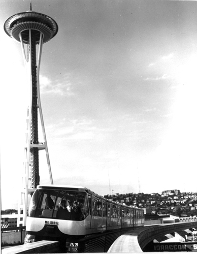 The Space Needle and the Alweg Monorail were symbols of modernity and “the Space Age.” Seattle Monorail and the Seattle Space Needle, 1964, General Subjects Photograph Collection, 1845-2005, Washington State Archives, Digital Archives.