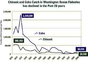 Line chart of Chinook and Coho catch in Washington Ocean Fisheries